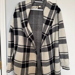 Open-Front Plaid Shawl Collar Coatigan - Black & Cream